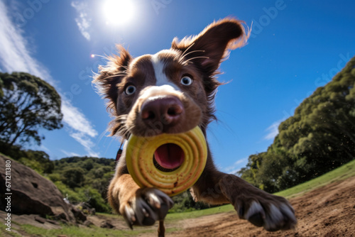 A dog with a frisbee in its mouth, focus on the satisfaction and toy © Nino Lavrenkova