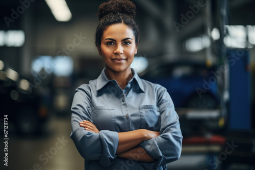 A woman stands in a garage with her arms crossed. This image can be used to depict confidence, determination, and independence in various contexts.