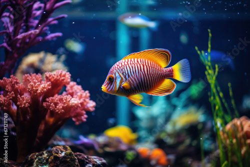 A fish swimming in a beautifully designed aquarium, vibrant colors