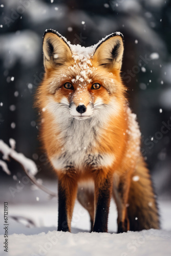 A fox in the snow, focus on the fur and contrast. Vertical photo © Nino Lavrenkova