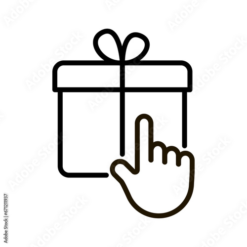 Gift box choose hand, click tap on box, line icon. Present box, package buy in shop. Surprise on party and celebration Christmas, birthday or holiday. Vector outline