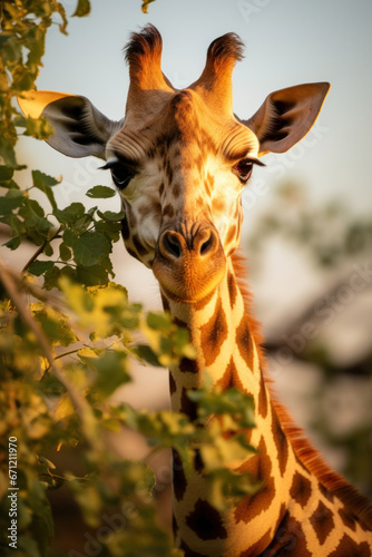 A giraffe eating leaves from a tree, focus on the tongue and foliage. Vertical photo