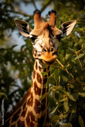 A giraffe eating leaves from a tree, focus on the tongue and foliage. Vertical photo