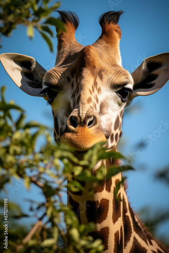 A giraffe eating leaves from a tree, focus on the tongue and foliage. Vertical photo