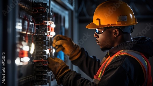 Black male electrician at work on a fuse box, adorned in safety gear, demonstrating professionalism, generative ai.