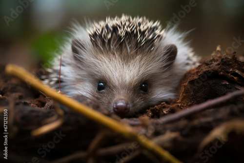 A hedgehog curled up  focus on the quills and eyes