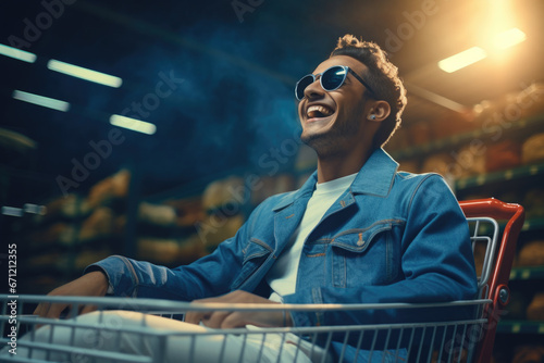 A man wearing sunglasses sitting comfortably in a shopping cart. This image can be used to depict a fun and carefree shopping experience or to showcase a unique and stylish individual. photo