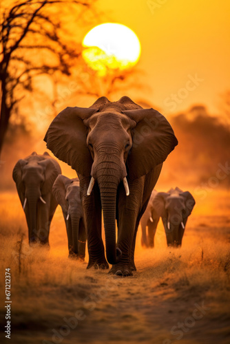 A herd of elephants at sunset, focus on the silhouette and colors. Vertical photo