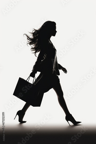 A silhouette of a woman walking with a shopping bag. Perfect for advertising, fashion, and retail-related projects.