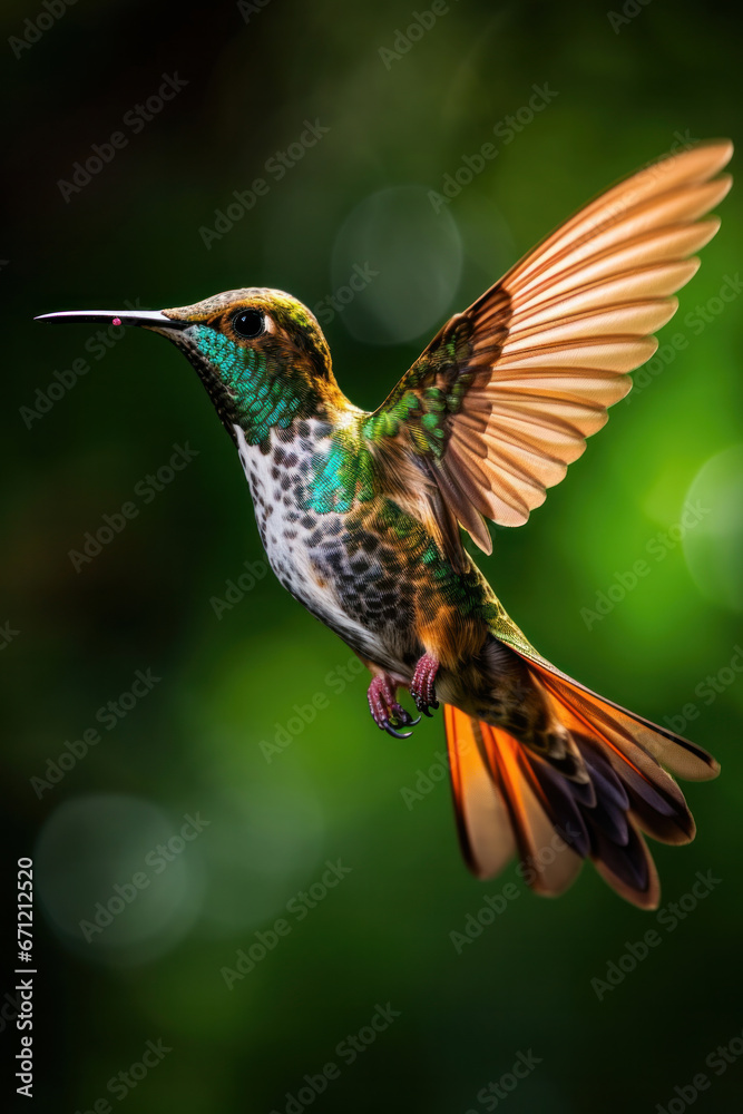 A hummingbird in flight, capturing the wing movement, high-speed vertical photography