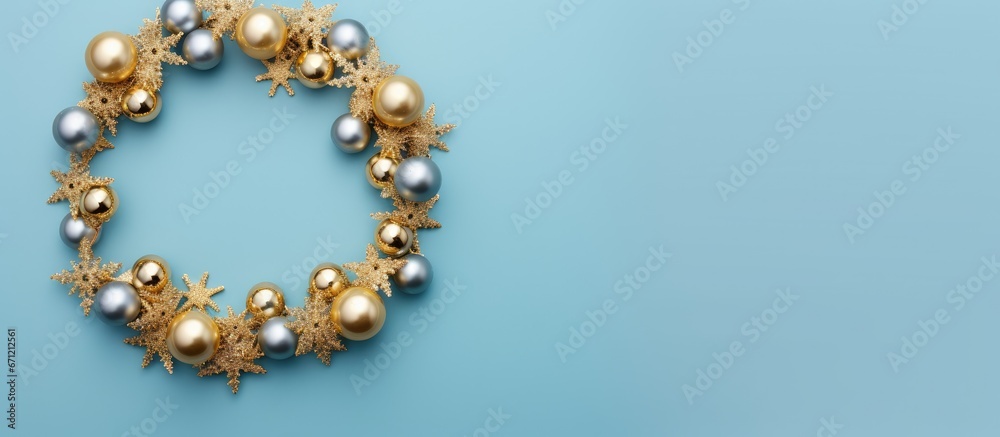 A circular arrangement of golden ornaments on a light blue backdrop for a holiday themed creation during Christmas A circular arrangement of golden ornaments on a light blue backdrop for a holiday themed creation during Christmas