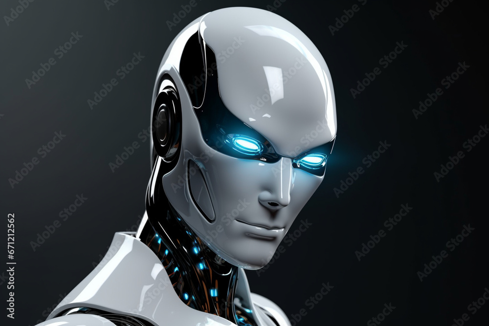 A futuristic robot with glowing eyes and a sleek metallic design, symbolizing AI's evolution, creativity with copy space