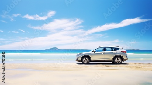 Silver SUV on the beach, farther view blue sky landscape, with copy space, traveling concept. © Jasper W