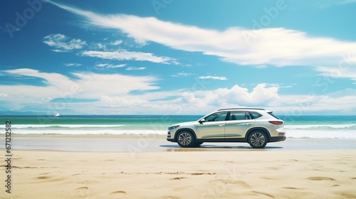Silver SUV on the beach, farther view blue sky landscape, with copy space, traveling concept. © JW Studio