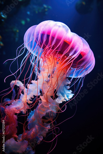 A jellyfish swimming, focus on the tentacles and colors. Vertical photo © Nino Lavrenkova