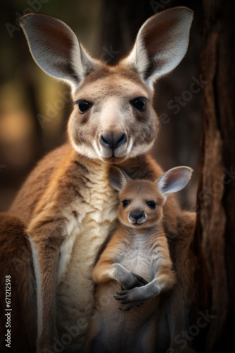 A kangaroo with a joey in its pouch, focus on the interaction. Vertical photo © Nino Lavrenkova