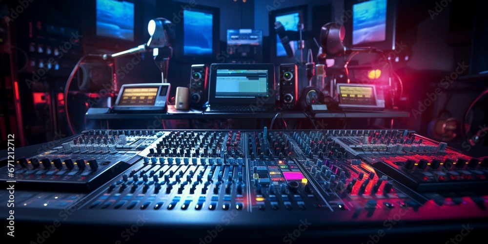 Professional Sound studio scene. Intricate audio equipment, Audio mixing console in a streaming, live broadcast, or recording session. Channel faders close up. SIde view. shallow depth of field. - obrazy, fototapety, plakaty 