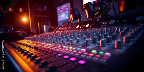 Professional Sound studio scene. Intricate audio equipment, Audio mixing console in a streaming, live broadcast, or recording session. Channel faders close up. SIde view. shallow depth of field. © JW Studio