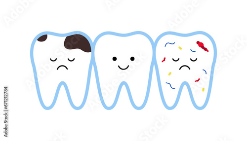 Teeth set cute characters. Healthy, pain with caries and sick bacteria teeth. Dental health and problems. Vector