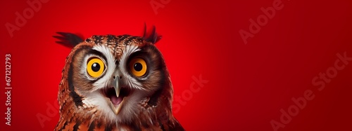 Studio portrait of surprised owl, isolated on red background with copy space.