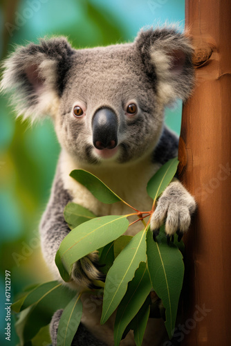 A koala eating eucalyptus leaves, focus on the paws and foliage, vertical photo