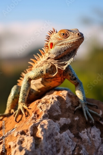 A lizard sunbathing on a rock, focus on the scales. Vertical photo © Nino Lavrenkova