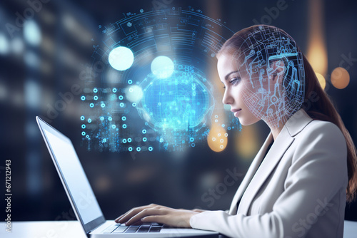 A virtual assistant on a laptop screen responding to user queries, exemplifying AI in natural language processing, creativity with copy space photo
