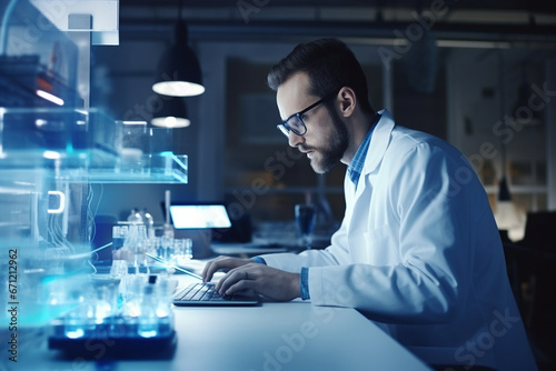 A scientist working on AI research in a modern laboratory, surrounded by high-tech equipment, creativity with copy space