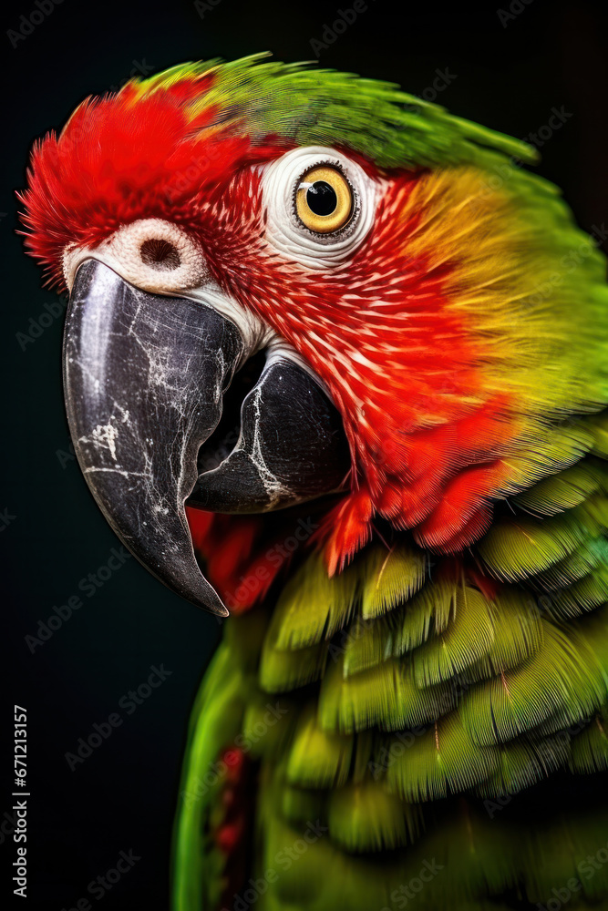 A parrot talking, focus on the beak and feathers. Vertical photo