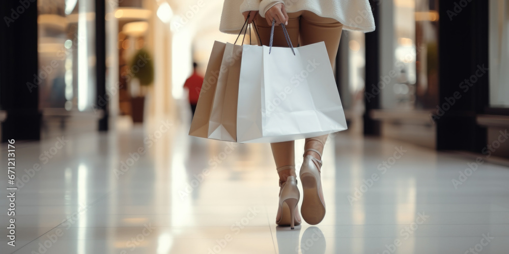 Naklejka premium A woman is seen walking down a hallway, holding shopping bags. This image can be used to depict shopping, retail therapy, fashion, consumerism, or a day out.