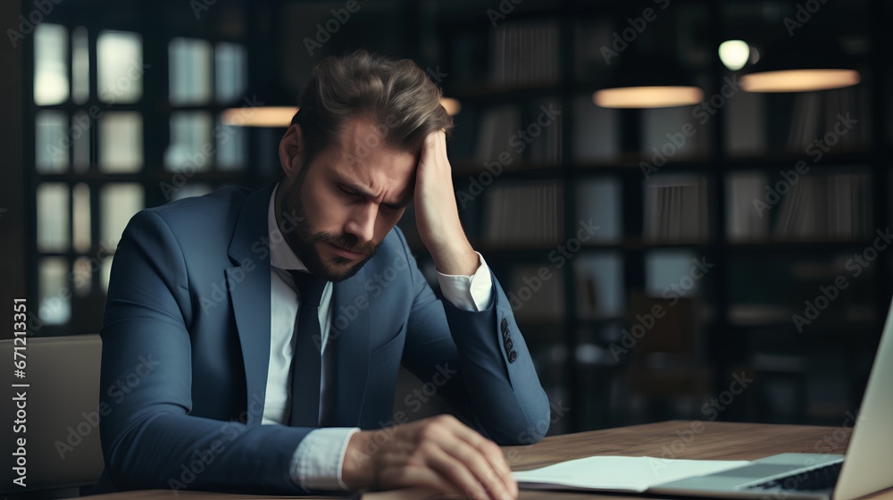 businessman in depression, anxiety and high stress situation. Worries and concerned about company future in crisis situation. Corporate man with mental struggle and psychological issues. - obrazy, fototapety, plakaty 