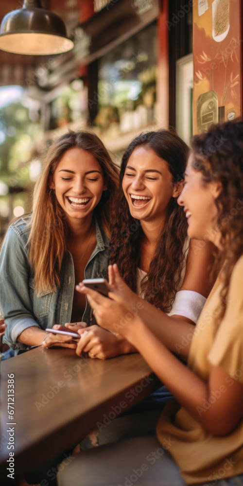 Three women sitting at a table, engrossed in looking at a cell phone. Suitable for illustrating modern technology usage and social interactions. Three women sitting at a table, engrossed in looking at a cell phone. Suitable for illustrating modern technology usage and social interactions.