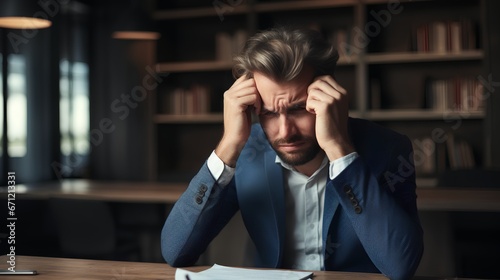 businessman in depression, anxiety and high stress situation. Worries and concerned about company future in crisis situation. Corporate man with mental struggle and psychological issues.