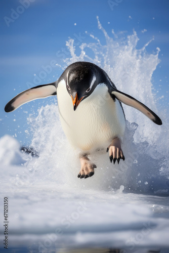 A penguin sliding on ice  action vertical shot