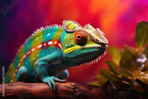 A pet chameleon on a colorful background, focus on the color change and texture © Nino Lavrenkova