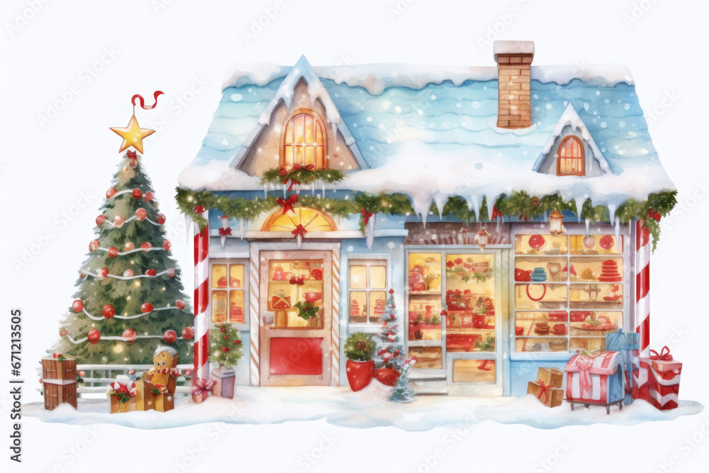 A cozy house with a beautifully decorated Christmas tree in front of it. Perfect for holiday-themed designs and advertisements.