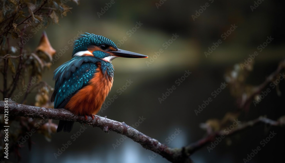Male kingfisher perching on branch, focus on colorful feathers generated by AI Male kingfisher perching on branch, focus on colorful feathers generated by AI