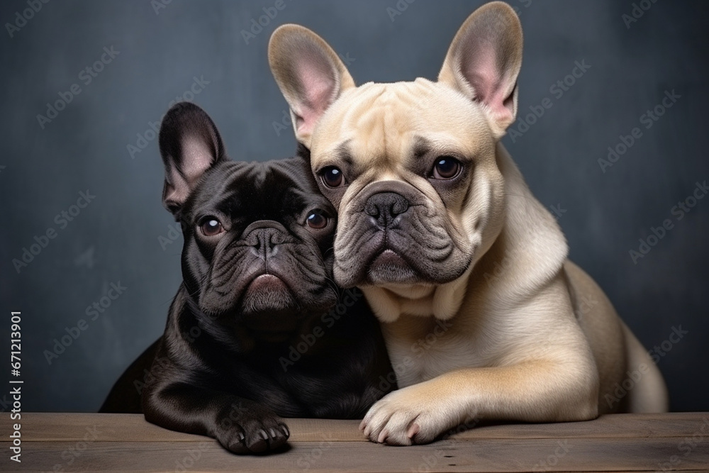 A Labrador and a French Bulldog sharing a loving embrace, capturing the beauty of canine bonds, creativity with copy space