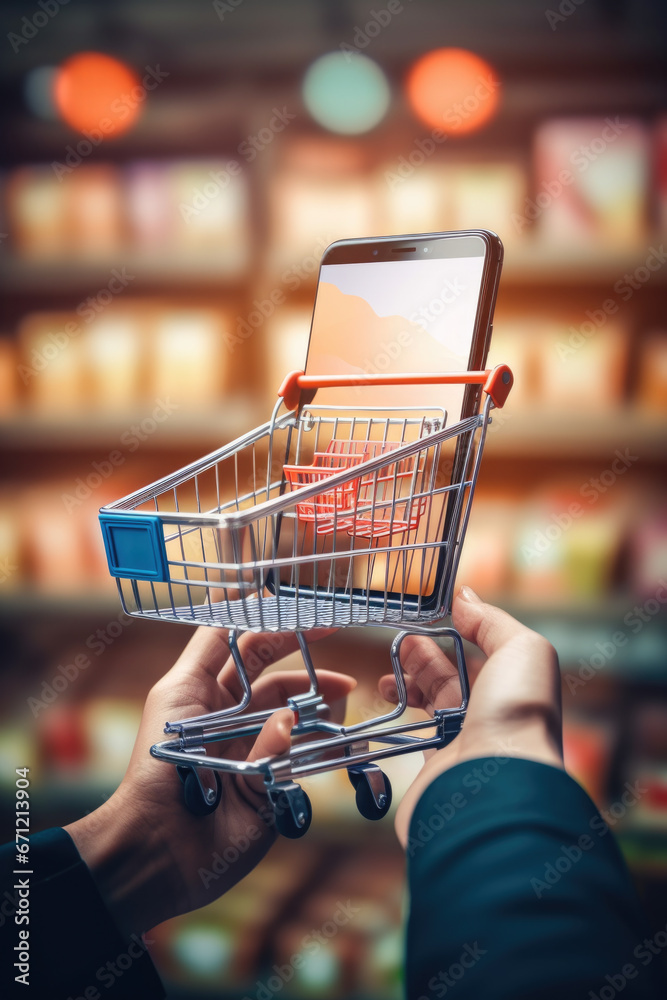 A person is seen holding a shopping cart with a phone inside. This image can be used to depict online shopping or mobile commerce.