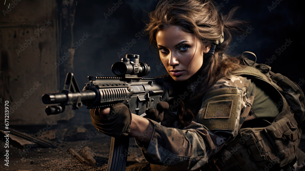 A military woman holding a machine gun is ready to shoot in a destroyed house. War, fighting