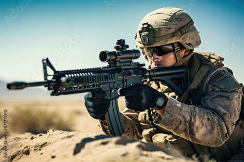 man in military uniform, special forces, with a machine gun aims at a target during combat operations