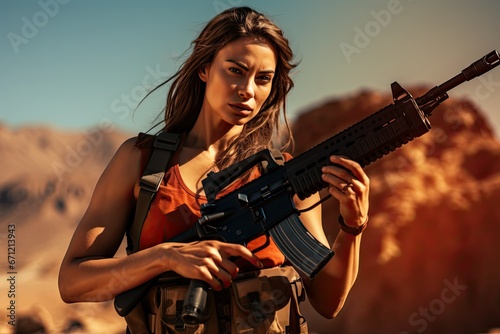 Brave woman rebel or soldier holds a machine gun during combat operations.