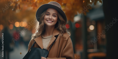 A woman wearing a hat and coat smiles warmly. This image can be used to depict joy, happiness, fashion, winter, or outdoor activities.