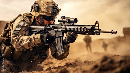 special forces soldier, soldier in uniform lies on the ground, holds a machine gun, aims to shoot during combat operations in the desert, war, special operation