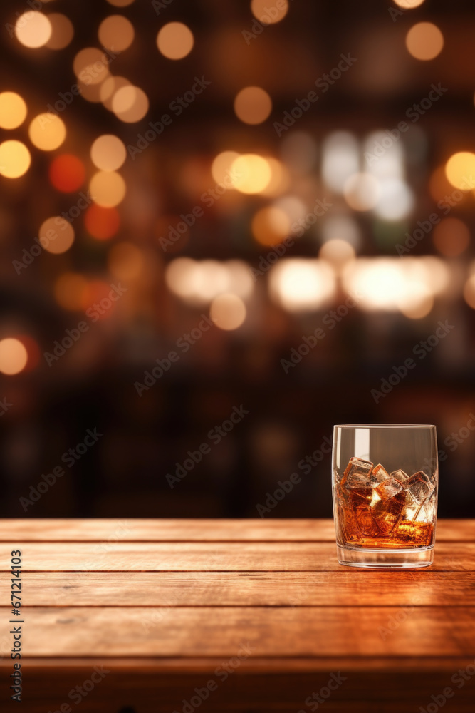 A glass of whiskey sitting on top of a wooden table. Suitable for alcohol-related concepts and rustic-themed designs.