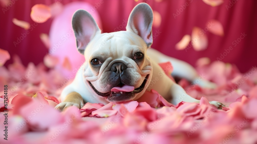 french bulldog lying on bed with rose petals in background