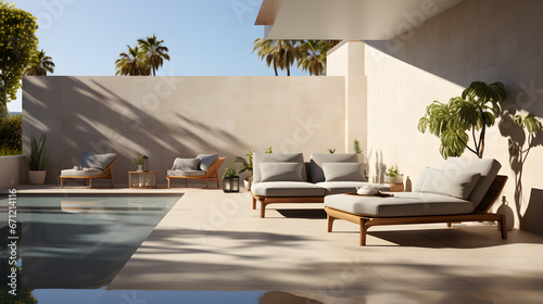 a pool backyard with a light concrete wall with a modern sofa
