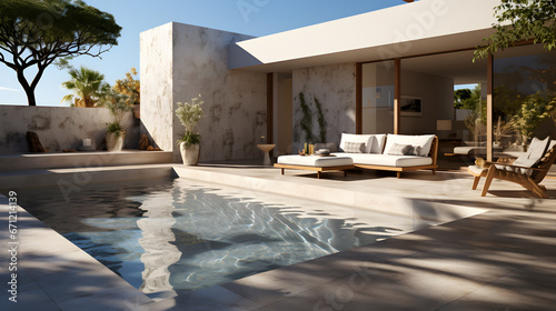 a pool backyard with a light concrete wall with a modern sofa photo