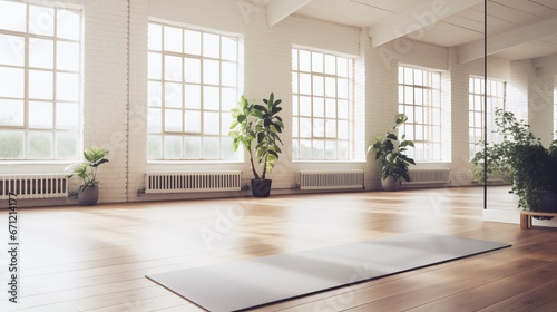 yoga mat on wooden floor in empty yoga studio photo