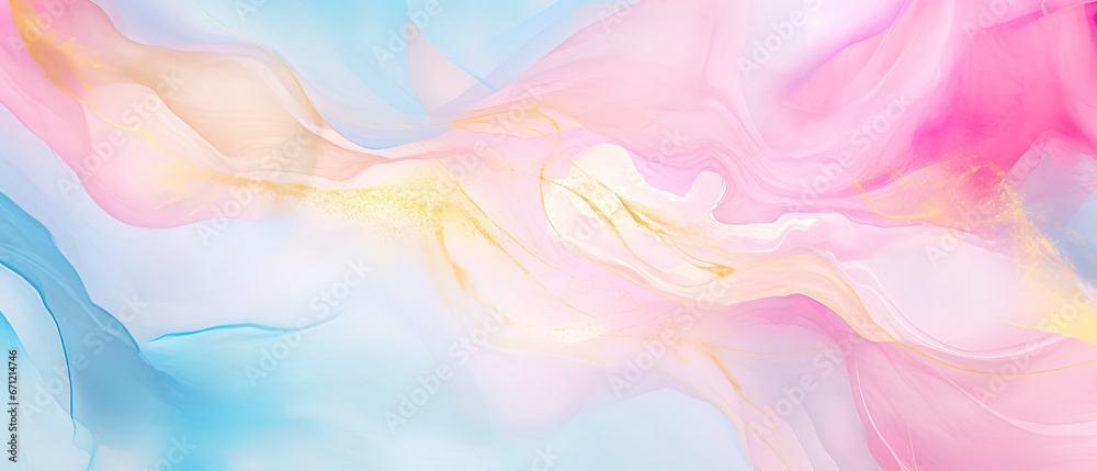 Abstract watercolor paint background illustration - Pink blue color and golden lines, with liquid fluid marbled swirl waves texture banner texture